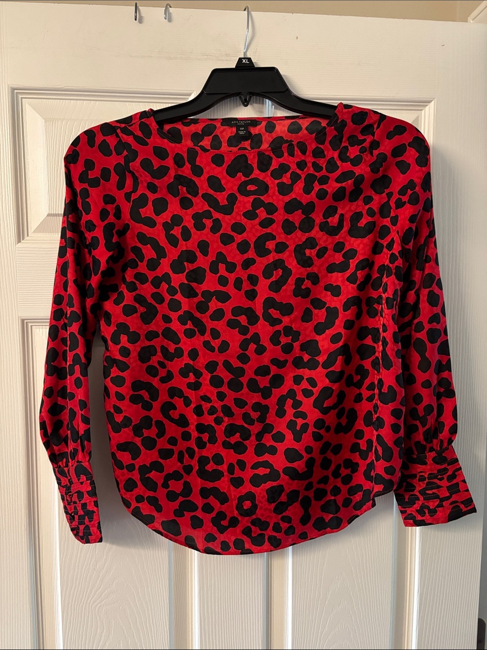 Ann Taylor Red and Black Leopard-Print Long Sleeve Blouse